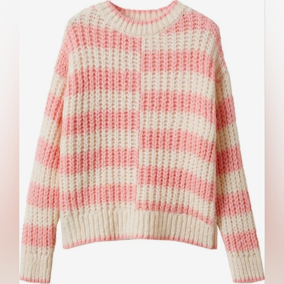 Mango Sweater Pink/white stripes Chunky Cable Size Large Soft Warm Women - Picture 2 of 10